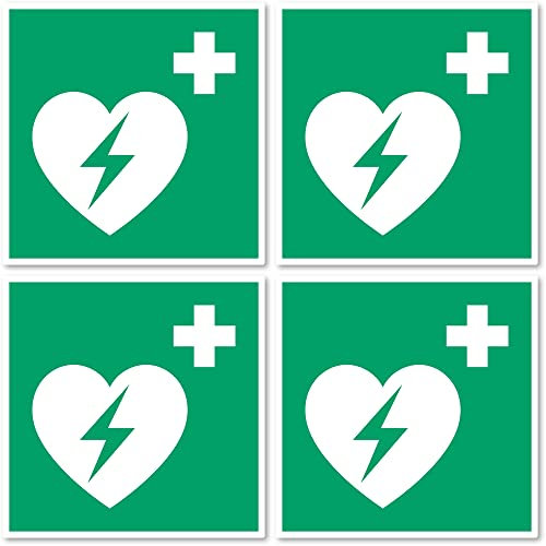Automatisierter Externer Defibrillator (AED), Rettungszeichen: E010 - DIN EN ISO 7010 / ASR A1.3 - Aufkleber: 7.5 cm, 4 Stück