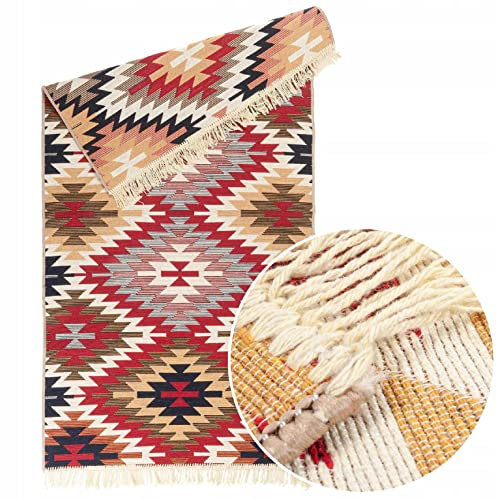 e-floor Teppich Kilim Gold – Stil und Funktionalität - für Wohnzimmer - Boho Teppich - Baumwolleteppich - Gewebt (Aztekisch Beige, Mehrfarben, 60x120cm)