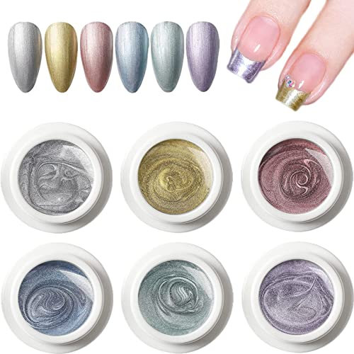 Bellecrey Chrome Gel Nail Polish 6 Colours Metallic Nail Polish Mirror Effect Spider Painting Gel Nail Varnish French Manicure Silver Rose Gold Blue Green Purple Nail Polish Set for Nail Art Design