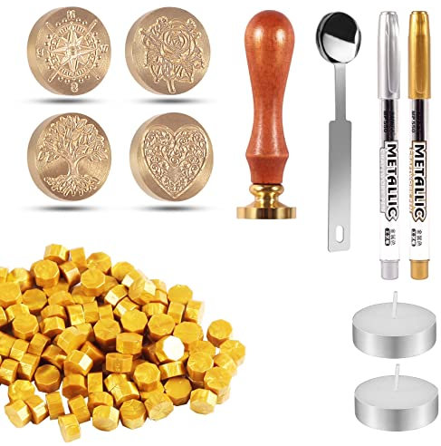 Foonii 200 Achteckig Siegelwachs Perlen Set Siegellack Perlen Set mit Siegellack-Perlen für Umschlag/Einladungen/Karten/Geschenk mit 4 Siegelstempel, 2 Kerzen, 1 Löffel und 2 Bastelstiften (Gold)