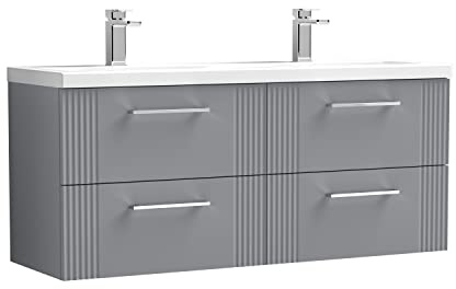nuie DPF293F Deco Modern Bathroom Wall Hung 4 Drawer Part Fluted Vanity Basin Unit with Twin Ceramic Basin, 1200mm, Satin Grey