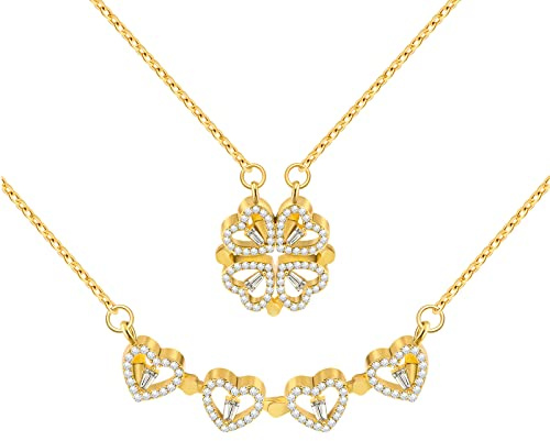 VU100 2 in 1 Four Leaf Clover Necklace Gifts for Women Girls - Lucky Delicate Heart Magnetic Pendant Crystal Sparkle Necklace Birthday Gifts for Mother Daughter Girlfriend Wife Sister (Gold)