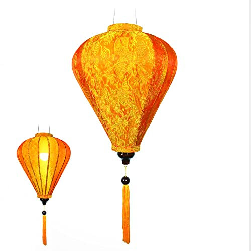 Art Saigon Laterne Lampion aus Seide, Orange, M Ø 33 cm – Hängelampe aus Stoff, Bambus und Holz – Dekoration und Handwerk aus Vietnam (M25-O)