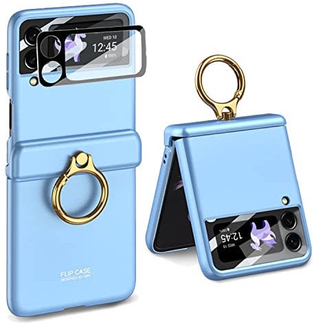 Miimall Hinge case for Samsung Galaxy Z Flip 4 Case with Ring, [Magnetic Hinge Protection] [Ring Holder] [Glass Camera Protection] Shockproof Hard PC Cover Full Protective Case for Z Flip 4-Blue