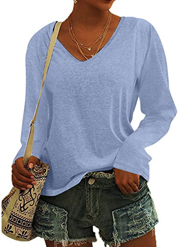 KOG Bluse Damen Elegant Langarm T-Shirt Tops Shirt Casual Weiß Oberteile Frauen Schwarz Kleidung Frau Grau Sommer Shirts Top Damen V-Ausschnitte Tshirt Casual Rundhals Klamotten Teenager Blau L