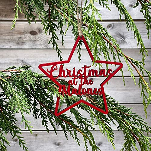 Personalised Coloured Star Christmas Tree Decoration, Wooden Family Name Bauble, Keepsake Bauble Gift, Festive Star Decoration