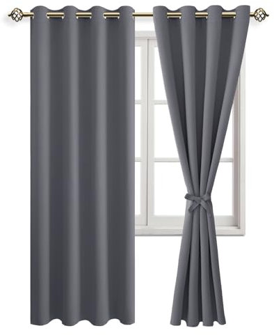 JIUZHEN Verdunklungsvorhänge mit Raffhalter Grau Vorhang Blickdicht Gardinen Ösenvorhang für Schlafzimmer Thermovorhang Wohnzimmer, 2 Stück, 215x132cm(HxB)