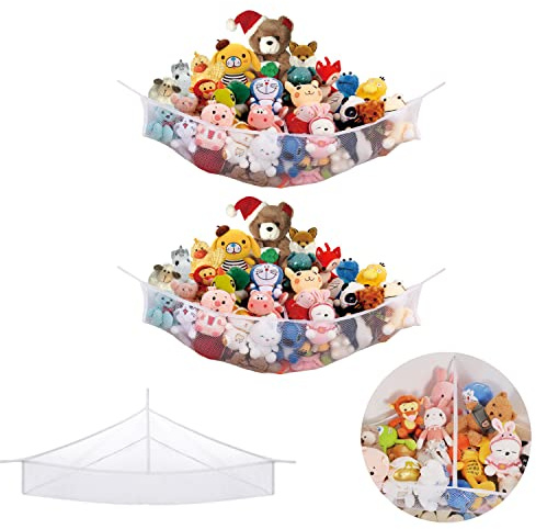 Large Stuffed Animal Net Hammock Corner (Fixed Size Min 3 Feet Right-angled Corner Space Each Side, Non-Stretchable) Toy Organizer for Plushies Teddy and Squishmallow (White 2 Pack, Large)