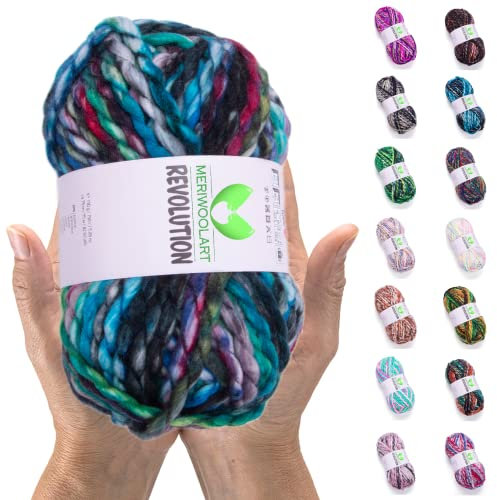 MeriWoolArt Merino Wolle zum Stricken – 75 m Mehrfarbige Dicke Weiche Merinowolle zum Stricken für Pullover Jacken – XXL Handstrickwolle – Voluminöse DIY Wolle für Schals Decken Tücher Geschenke