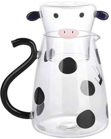 Juego de Jarra de Agua y Vaso, Jarra de Agua de Vaca con Taza de Vidrio Lindo Juego de Jarra de Cabecera con Cuchara de Vidrio de 13cm para Escritorio Baño Dormitorio Cocina (550ml)