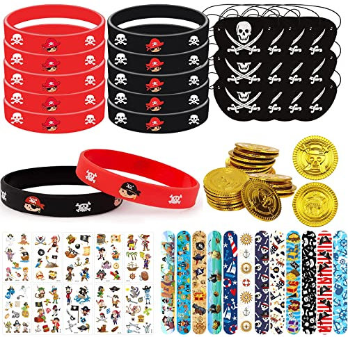 LETTERASHQP Piraten Kindergeburtstag Mitgebsel, 70 Stück Piraten Party Mitgebsel mit Piratenmünzen Piraten Silikonarmband Kinder Schnapparmband Piraten Augenklappe Tattoos für Kinder Piraten Deko