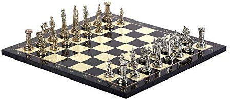 CAZARU Mittelalterliches Britisches Auto-Schachspiel aus Metall für Erwachsene, handgefertigte Stücke und Walnuss-gemustertes Holz-Schachbrett, König, 7 cm
