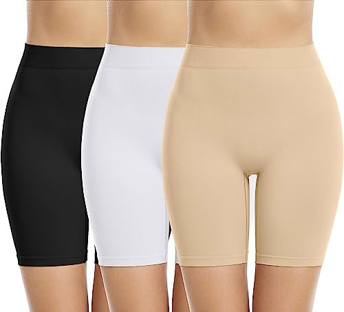 Memoryee 3 Piezas Boxer Shorts Mujer Antirozaduras Sin Costuras Elástica Debajo Falda Pantalones Leggings Cortos para Yoga y Ciclismo/Black/Beige/White-3Pack/L