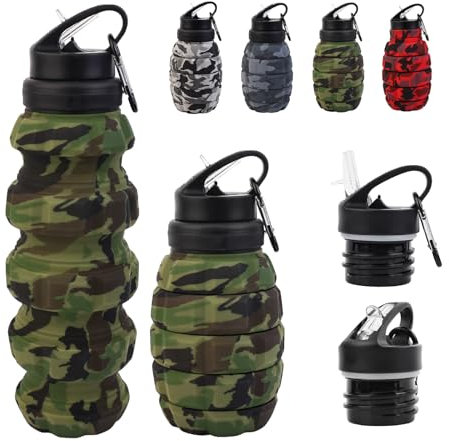 KUNHANG Collapsible Travel Water Bottle, Reuseable Silicone Foldable Water Bottles for Gym Camping Hiking, Portable Leak Proof Sports Water Army camouflage Bottle with grenade Carabiner (Green)