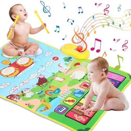 Love&Mini 3 in 1 Musikmatte für Kleinkinder 1-3 mit Trommel, 6 Musikinstrumente und 8 Tiergeräusche, Klaviermatte Spielzeug für 3+ Jahre alte Mädchen Jungen Geburtstag Weihnachten Geschenke