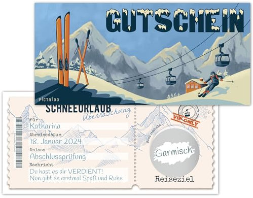 PICTALOO Reisegutschein Karte Skiurlaub - Gutschein Reise Urlaub mit Rubbelaufkleber - Gutscheinkarte Ski Wintersport Skifahren Snowboard Wandern, Geschenkverpackung Überraschung Winterurlaub (1x)