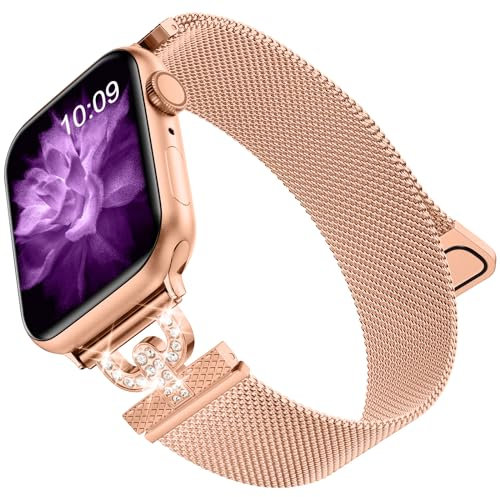 MaEiol Metallo Cinturini per Cinturino Apple Watch 41mm 40mm 38mm /Series 10 46mm, Cinturino Magnetico Diamante Acciaio Inossidabile per Apple Watch Ultra 2/SE/Series 10 9 8 7 6 5 4 3 2 1, Rosa Oro