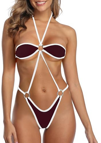 SHERRYLO Micro Bikini Extreme Slingshot Maillot de bain Slutty Sexy Sling Bikinis Gstring Lingerie Exotique Slingshots Microkini, 23016-marron blanc, Taille Unique