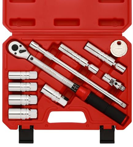 CASOMAN 11PCS 3/8-Inch Drive Spark Plug Socket Set, 6 & 12-Point, Include Click Torque Wrench(10-45ft.lb/13.6-61Nm), Spark Plug Gapper, U-Joint & Ext Bar, CR-V