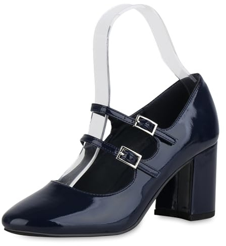 VAN HILL Damen Mary Janes Blockabsatz Lack Party Schuhe 215414 Dunkelblau Lack 36