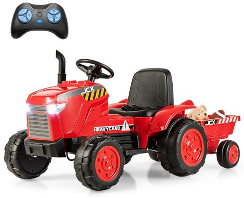 COSTWAY 12V Traktor mit Abnehmbarem Anhänger, Kindertraktor Elektrisch mit 2,4G Fernbedienung & Lichtern & Hupe & USB & MP3, Elektro Traktor für Kinder ab 3 Jahren (Rot)
