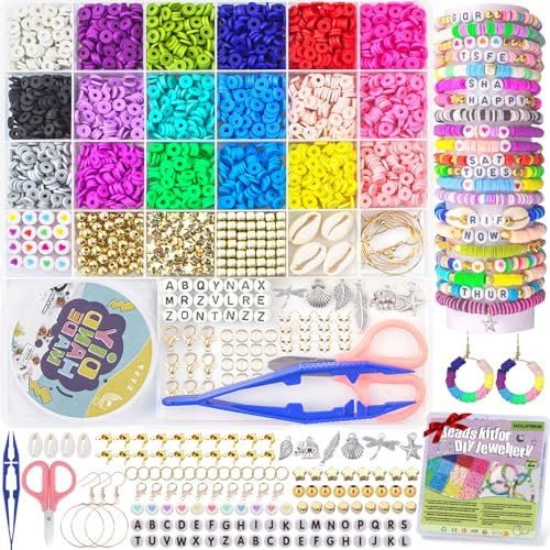 Uolifrem 5400+ Polymer Clay Perlen Set, 24 Gitter Armbänder Set Selber Machen, 6mm Clay Beads für Armbänder, Flache Perlen zum Auffädeln, DIY Heishi Perlen Set mit Anhänger, Geschenke für Mädchen