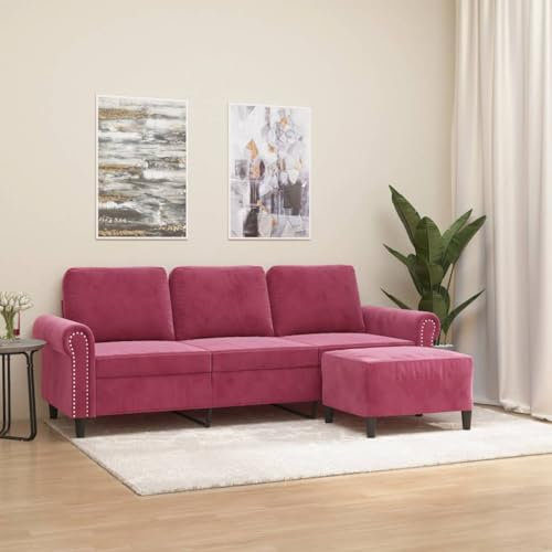 Homgoday 3-Sitzer-Sofa mit Hocker Sofa Couch Loungesofa Gästesofa Sofa in L-Form Relaxcouch Ecksofa Eckcouch Sitzmöbel für Wohnzimmer, Schlafzimmer Büror Weinrot 180 cm Samt
