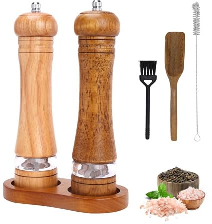 Foyucool Wooden Salt and Pepper Grinder Set with Mill Tray, 8 inch Manual Refillable Pepper Mill of 2, Adjustable Coarseness, Ceramic Grinding Rotor, for Chilli, Lilac, Pepper, Salt, Wooden Brown