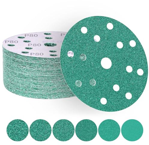 ALPXUXP 60 pezzi Dischi Abrasivi 150 mm,Impermeabile Carta Vetrata 15 Fori (60/80/120/180/240/400 Grana x 10) per Orbitale Levigatrice Giraffa per Legno,Metallo