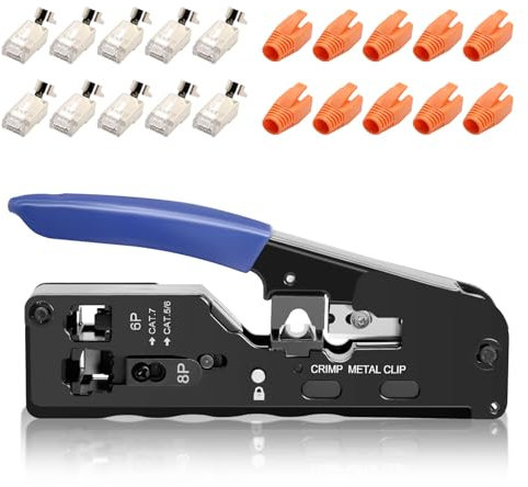 ZHITING Crimpzange Netzwerkstecker Set,Crimpzange rj45 mit 10*Cat 7 Cat6A Lan Stecker netzwerk set für RJ45 Stecker Cat7 Cat6A Cat5 Cat5e Cat6 Netzwerkstecker.