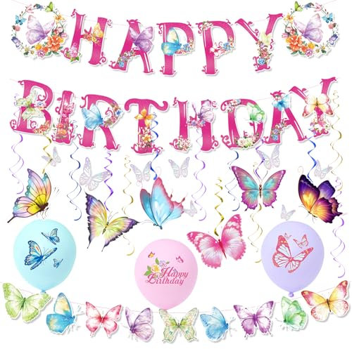 31 Stück Schmetterling Deko Geburtstag,con Fhappy Birthday Girlande Schmetterling,Hängende Wirbel,Schmetterlinge Deko 3D,Party Deko Geburtstag für Haus Dekoration Klassenzimmer Hochzeit