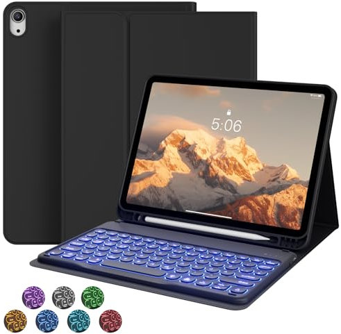 GKABXY Étui avec clavier pour iPad Air 11 (M3/M2), iPad Air 7, 6, 5, 4 (2025/2024/2022/2020) 10,9, avec porte-stylo, disposition QWERTZ, 7 couleurs, clavier Bluetooth magnétique amovible, noir