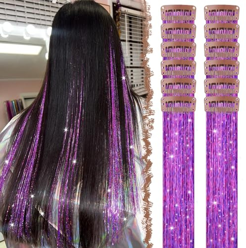 FESHFEN Tinsel Extension Capelli con clip, 12 Pezzi Glitter per Capelli Accessori da Festa e Look Fatina Kit Strass per Donne, Lilla 50 cm