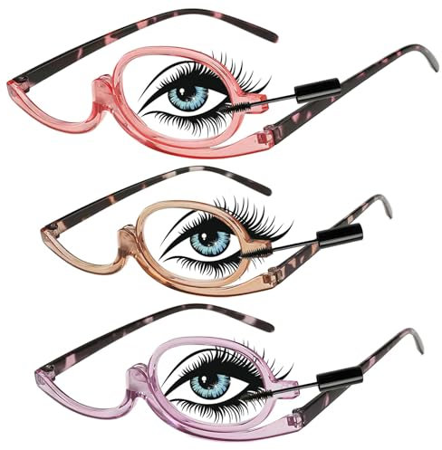 3 PCS Makeup Reading Glasses, Ladies Magnifying Rotatable Single Lens Womens Rotating Makeup Glasses with Magnify Eye Flip up Lens, 2.0