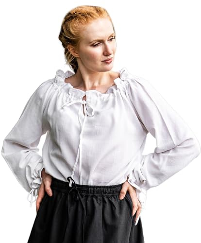 Leonardo Carbone® Damen Bluse Mittelalterbluse Edith | Offenschulterig | Rüschenärmel | Karneval, Halloween, Cosplay, LARP, Kostüm, Mittelalter, Festkleidung | 100% Baumwolle Weiß 2XL