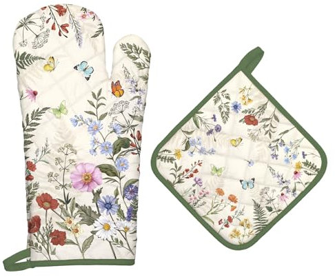 Arquiel Floral Grass Oven Mitts and Pot Holders -100% Cotton, Heat Resistant Extra Long Oven Gloves & Hot Pads for Cooking BBQ Grilling Baking Gift, Set of 2