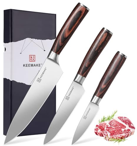 KEEMAKE Kitchen Knife Set 3-Piece - Chef Knife Set with High Carbon Stainless Steel Knives for Kitchen Ergonomic Handle for Precision Cutting, Includes Chef, Utility and Paring Knife Set