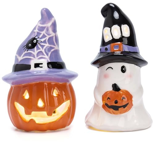 Valery Madelyn 2er Set Halloween Deko mit Farbwechselnden Lichtern 10cm | Halloween Kürbisse und Geister Figuren aus Keramik für Party