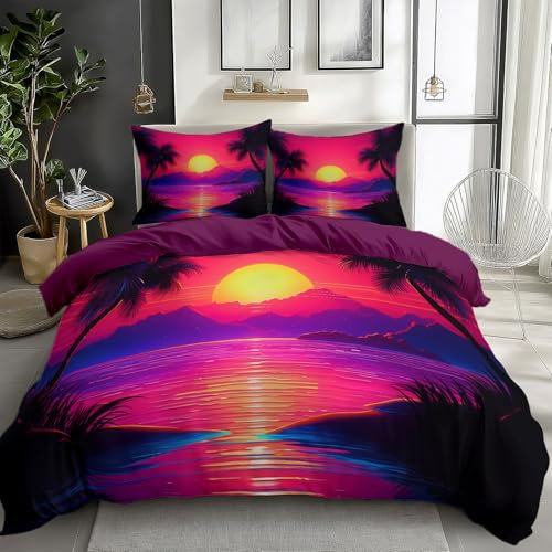 Parure da letto 140 x 200 cm per adulti, ragazzi e ragazze, paesaggio naturale tramonto sul mare, copripiumino in microfibra per 1 persone con cerniera, 3 pezzi con 2 federe, viola scuro