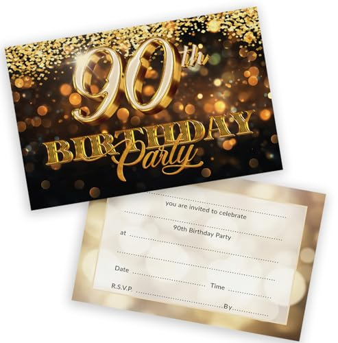 Stuff4 90th Birthday Party Invitations Women and Men, Gold Confetti 36 Pack | Adults Birthday Invitations for Friends Family A6 Bday Party Invites Invitation Cards with Folding Envelopes