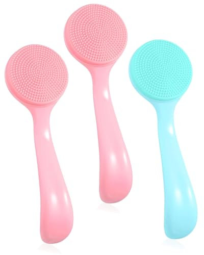 KEMUZ 3 Pezzi Spazzola Viso Manuale in Silicone, Con Manico Spazzola Pulizia Viso Spazzola Detergente Esfoliante Viso Scrubber Per Pulizia Pori Per Tutti I Tipi Pelle(1 blu + 2 rosa)