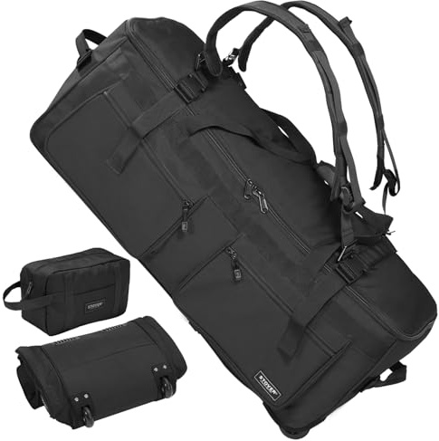 STOVER 45/80/100L Rolling Duffel Bag with Wheels, Large Durable Travel Duffle with Toiletry Bag, Heavy Duty, Packable with Shoulder Straps- Use as Luggage or Backpack, Men Women, U-Zip Black, Rolling