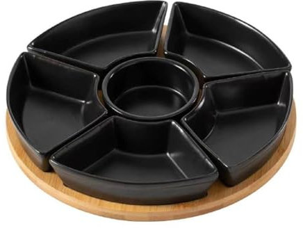 Vencier Lazy Susan Rotating, Revolving Dip Set Snack Bowl Serving Platter with 6 Ceramic Dishes Dips, Snacks & Appetisers (Black)