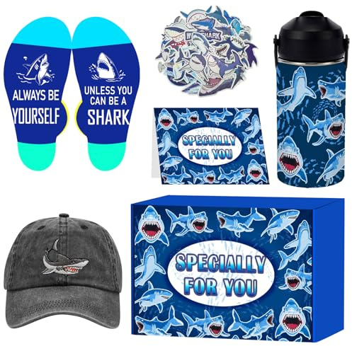 Cogavoo Shark Gifts, 6PCS Valentine Birthday Gifts for Teen Teenage Boys, Shark Gift Set Includes 12 OZ Water Bottle, Hat, Socks, Stickers, Greeting Card