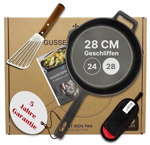 Ottia Gusseisenpfanne Induktion 28cm - Geschliffene Pfanne, mit eKochbuch, Pfannenwender, waschbarem Hitzeschutz, Gusseisen, Eisenpfanne, Cast Iron Pan, Händler aus Hamburg