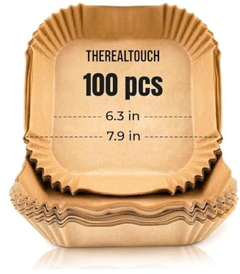 The Real Touch 6.3 Inch 100Pcs Square Air Fryer Liners, Disposable Baking Parchment Paper, Non-Stick & Greaseproof, Compatible with COSORI, Ninja, Tower, Tefal, Philips and Other Dual Zone Air Fryers