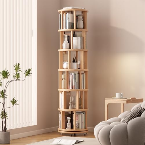 YQJJGL Drehbares Bücherregal, Massivholz, Standregal, 360 Grad, Bücherregal Kinder, für Wohnzimmer, Arbeitszimmer, Büro, 6 Ebenen (Naturholz)