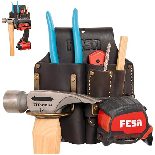 FESA Durable Leather Pliers Holster - Heavy Top Grain Leather Double Plier Holder for Belt with Steel Hammer Holder, Tape Clip & 2 Carpenter's Pencil Pockets - Clip On Any Belt - Handcrafted (Brown)