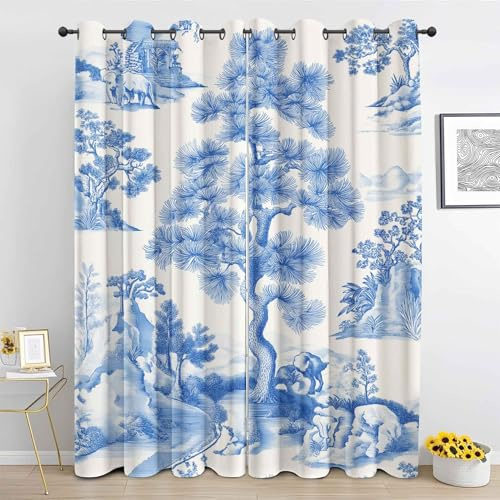 Generisch Blau Und Weiß Kiefer Vorhänge, Orientalische Landschaft Deko Gardinen mit ösen, Verdunklungsvorhange 2er Set, Thermovorhang für Schlafzimmer Wohnzimmer H 200 x B 140 Dv-s298