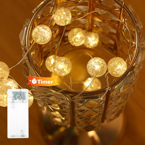 Kaleora Lichterkette Kristall Kugeln mit Timer, 2M 20 LED Crackle-Perlen Lichterkette Batteriebetrieben, Warmweiß Lichterketten Kristall Kugeln für Innen Hochzeit Weihnachten Valentinstag Party